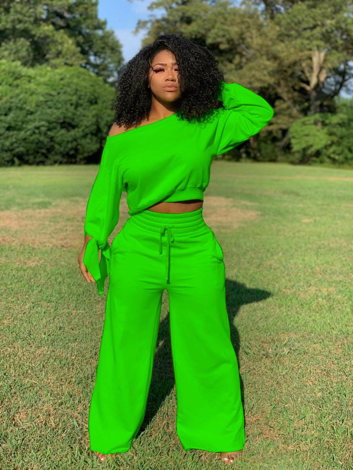 Echoine Autumn Long Sleeve Sexy Off Shoulder Crop Top Wide Leg Pants Two Piece Set lounge wear Casual Fashion Tracksuit Outfit.