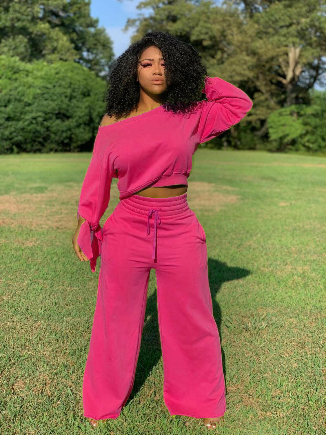 Echoine Autumn Long Sleeve Sexy Off Shoulder Crop Top Wide Leg Pants Two Piece Set lounge wear Casual Fashion Tracksuit Outfit.