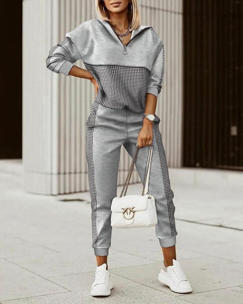 GOLDEN TOUCH Women's Plaid Print Hooded Top & Pants Set - Fashionable Two-Piece Suit with Flare Pants