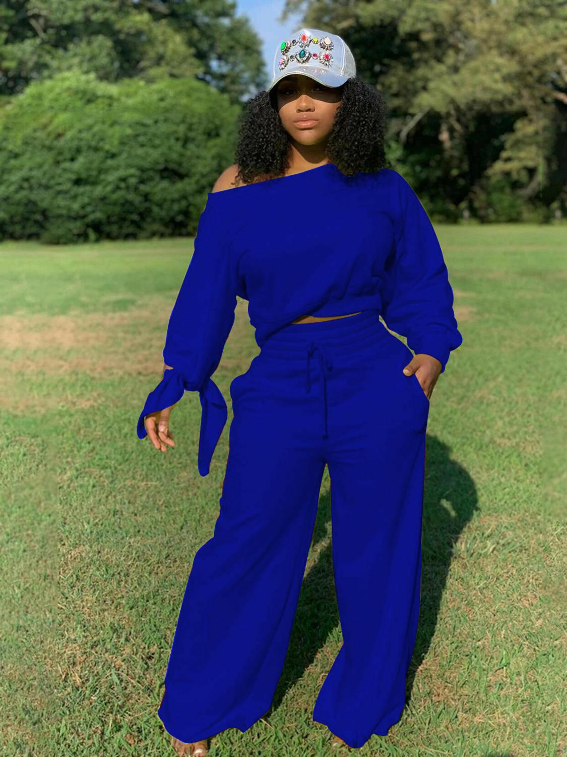 Echoine Autumn Long Sleeve Sexy Off Shoulder Crop Top Wide Leg Pants Two Piece Set lounge wear Casual Fashion Tracksuit Outfit.