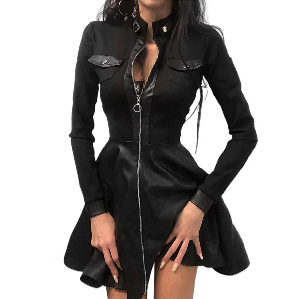 Elegant Lace Faux Leather Mini Dress with Zipper Pocket and Large Hem - Women's Clothing (5XL)
