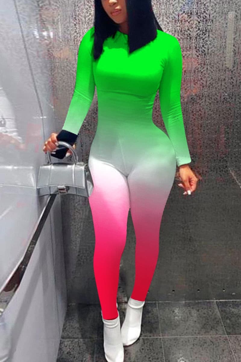 Workout Active Wear Gradients Color Rompers Womens Jumpsuit Sporty Long Sleeve Fitness Clubwear Zipper Party Jumpsuits Bodycon - GOLDEN TOUCH APPARELS WOMEN