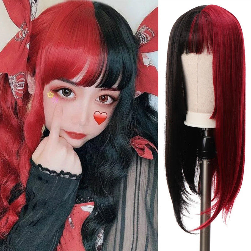 Cosplay anime fake female black white yin yang color air Liu Hai Chang straight female chemical fiber WIG empty store new.