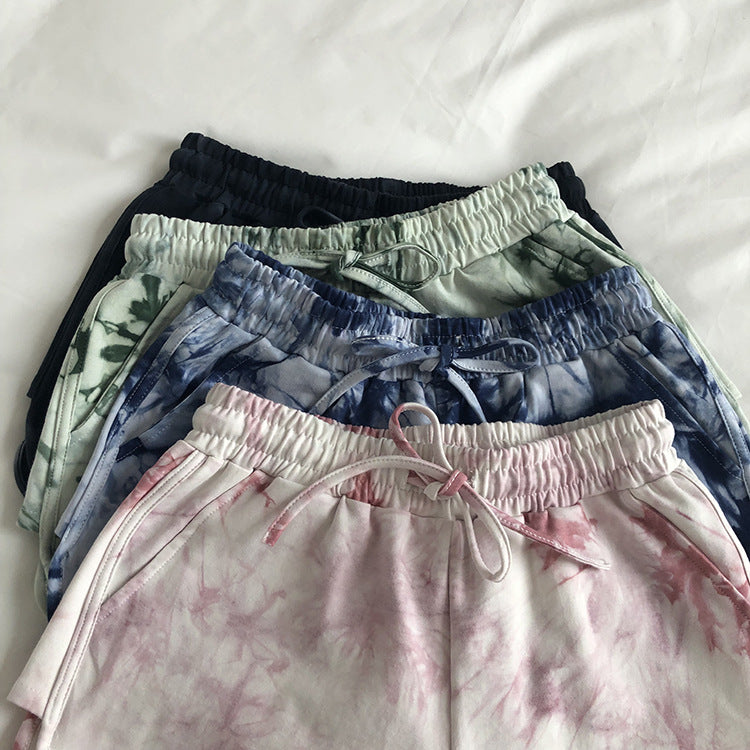 Thailand tie-dye sports pants women's loose wide-leg casual high waist Hyun Ya wind shorts running hot pants beach pants.