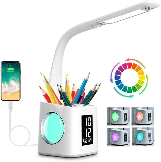 LED Pen Holder Desk Lamp Rechargeable Plug-in Dual-purpose Atmosphere Lamp Perpetual Calendar Alarm Clock Night Light Learning Eye Protection Desk Lamp