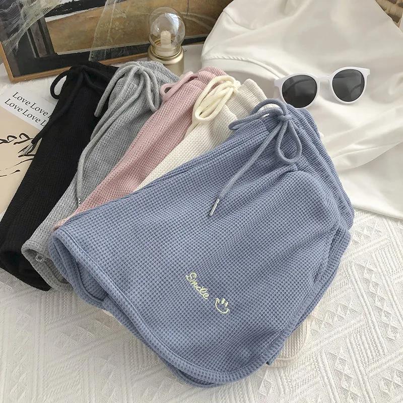 Shorts Women's Sports Fashion Waffle Pink Summer Student Thin Section Loose Wide Legs Casual High Waist Hot Pants.