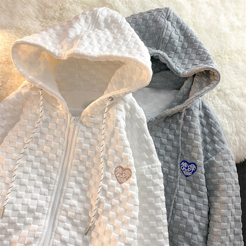 Love Letter Embroidered Zipper Cardigan Jacket - White, Long Sleeve, Autumn/Winter