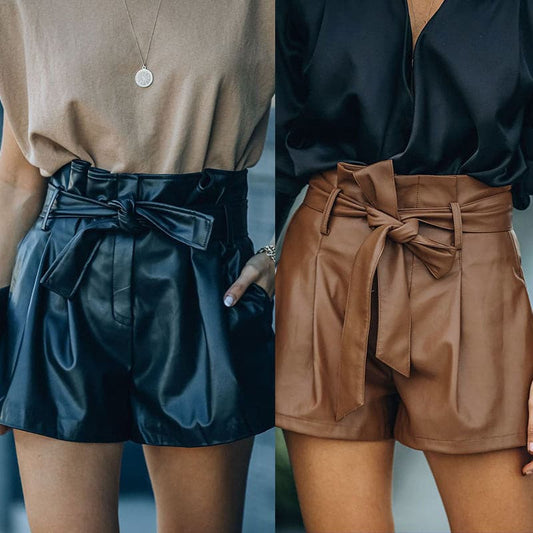 Independent Station New European and American Women's Temperament Casual PU Pants (with Belt) Leather Shorts.