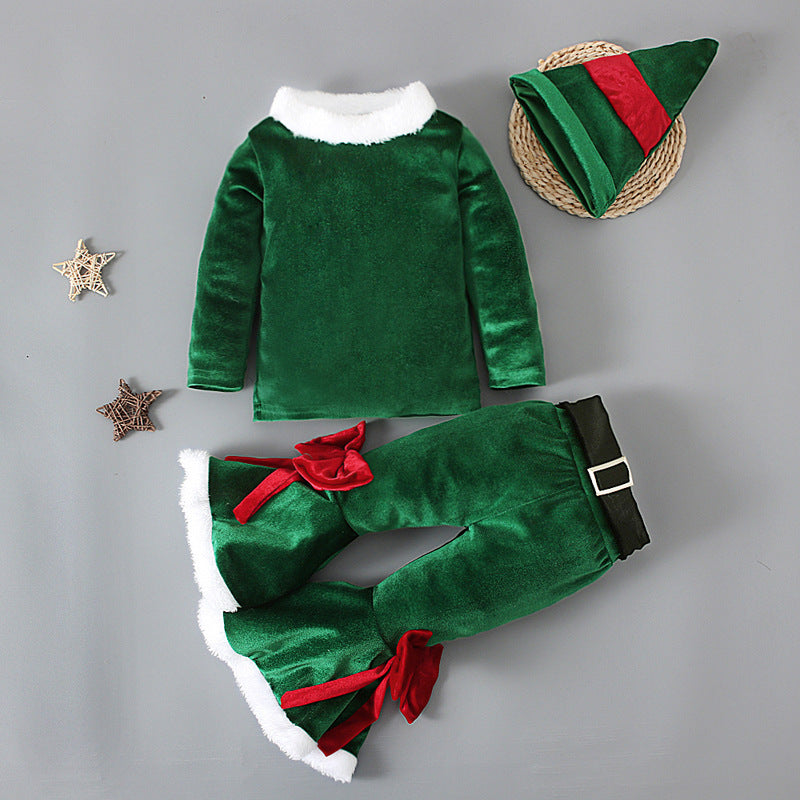 Boys, Girls, Europe, America, Spring, Autumn and Winter Christmas Long Sleeve Top + Flared Pants + Hat Three-piece Children's Clothing