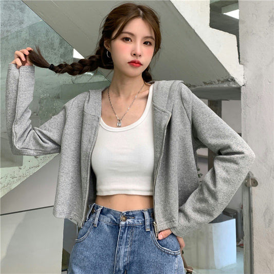 autumn solid color high waist short zipper hooded sweater female loose sports casual cardigan show thin exotic female