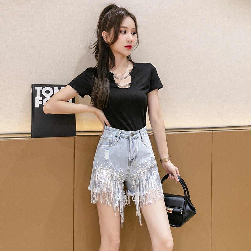 Spot 2022 summer new Hyuna same style shorts women's tide net red high waist diamond heavy industry tassel denim hot pants.