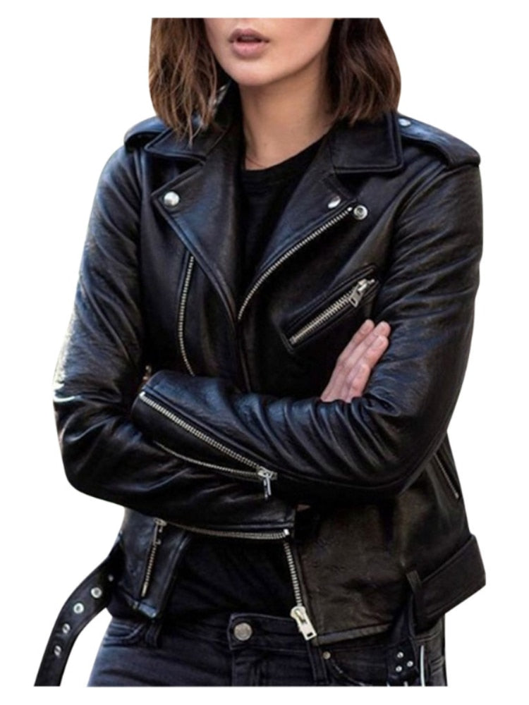 Leather jacket, women's jacket, autumn short spring, Korean version of PU motorcycle suit, slim and slim winter jacket - GOLDEN TOUCH APPARELS WOMEN