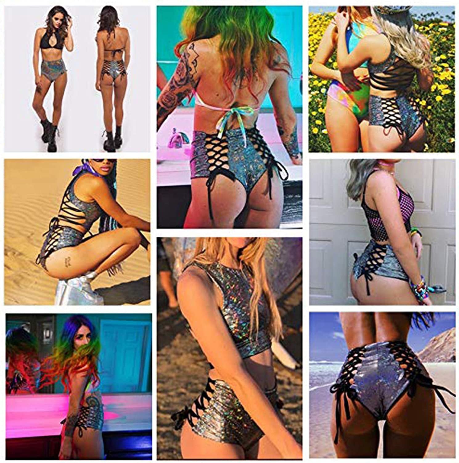 Holographic Reflect Festival Rave Outfits Sleeveless Tank Tops Super Shorts Pant Nightclub Carnival Party Women 2 Piece Sets - GOLDEN TOUCH APPARELS WOMEN