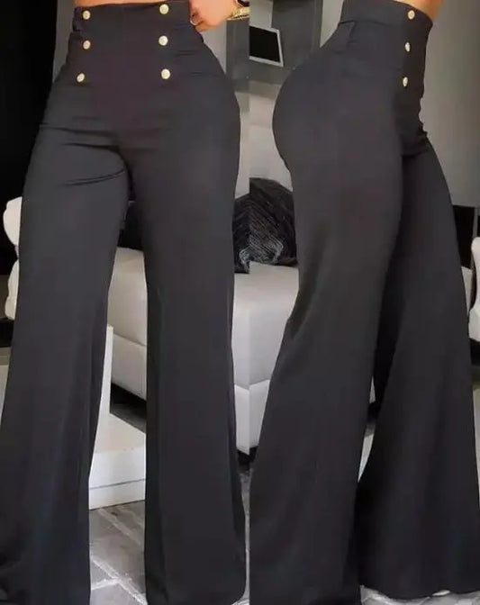 Stylish high-waisted wide-leg pants with button decoration for women, perfect for summer fashion and streetwear