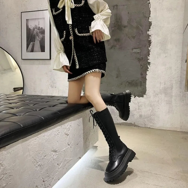 "2023 Women's High Heel Motorcycle Boots - Wedge Platform, PU Leather, Lace-Up, Black"