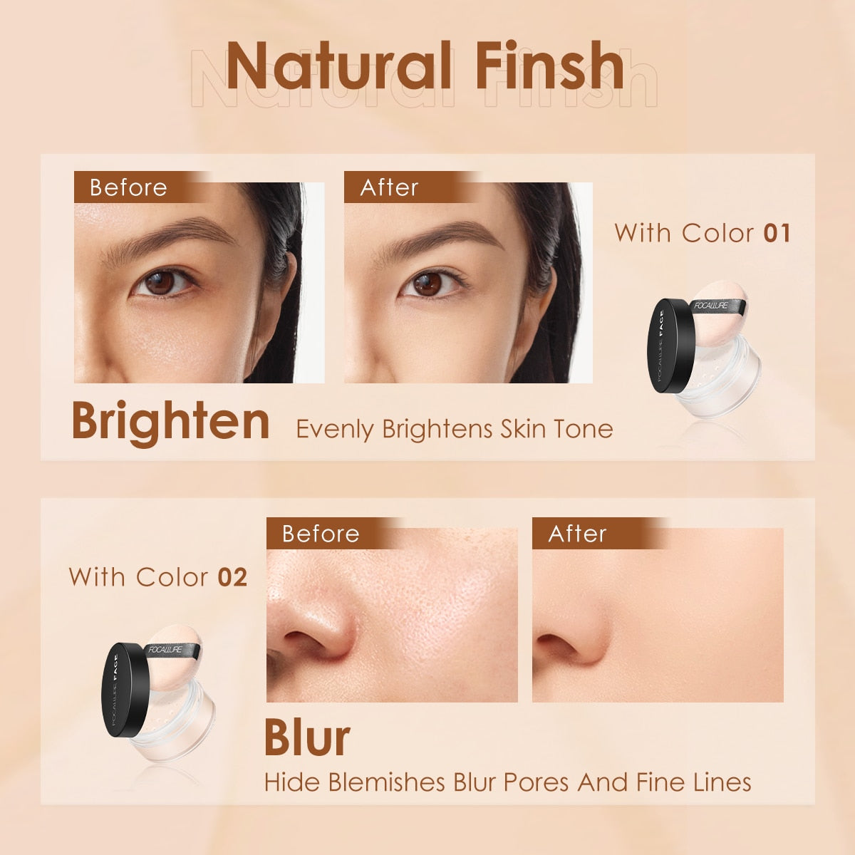 FOCALLURE 9 Colors Loose Powder Makeup Transparent Finishing Powder Waterproof Cosmetic For Face Finish Setting With Puff.
