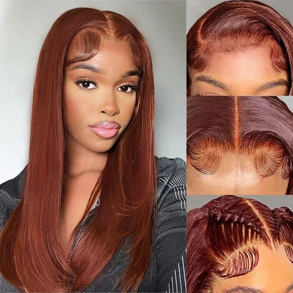 Copper Red Layered Synthetic Lace Wig - Burgundy Straight Cut, Glueless, for Black Women
