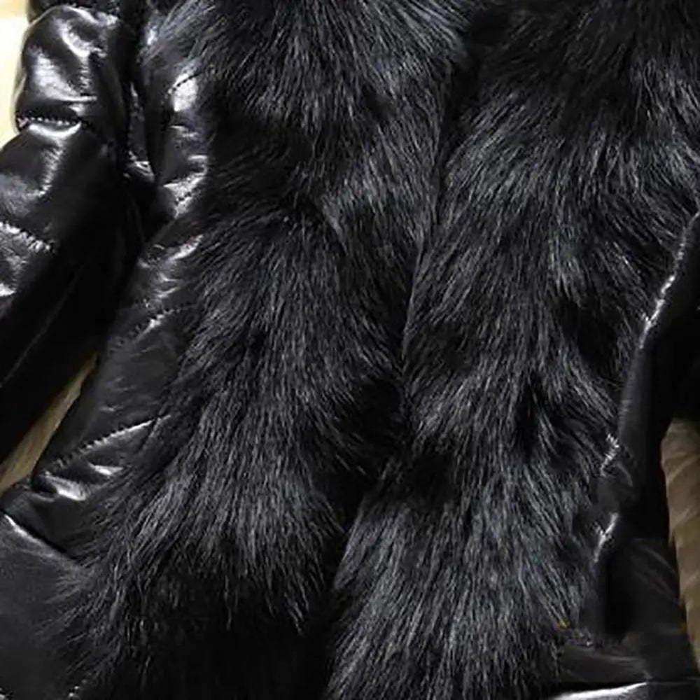 Faux Fur Collar Leather Fleece Lining and Faux Rabbit Fur Trim - Winter Luxury Jacket