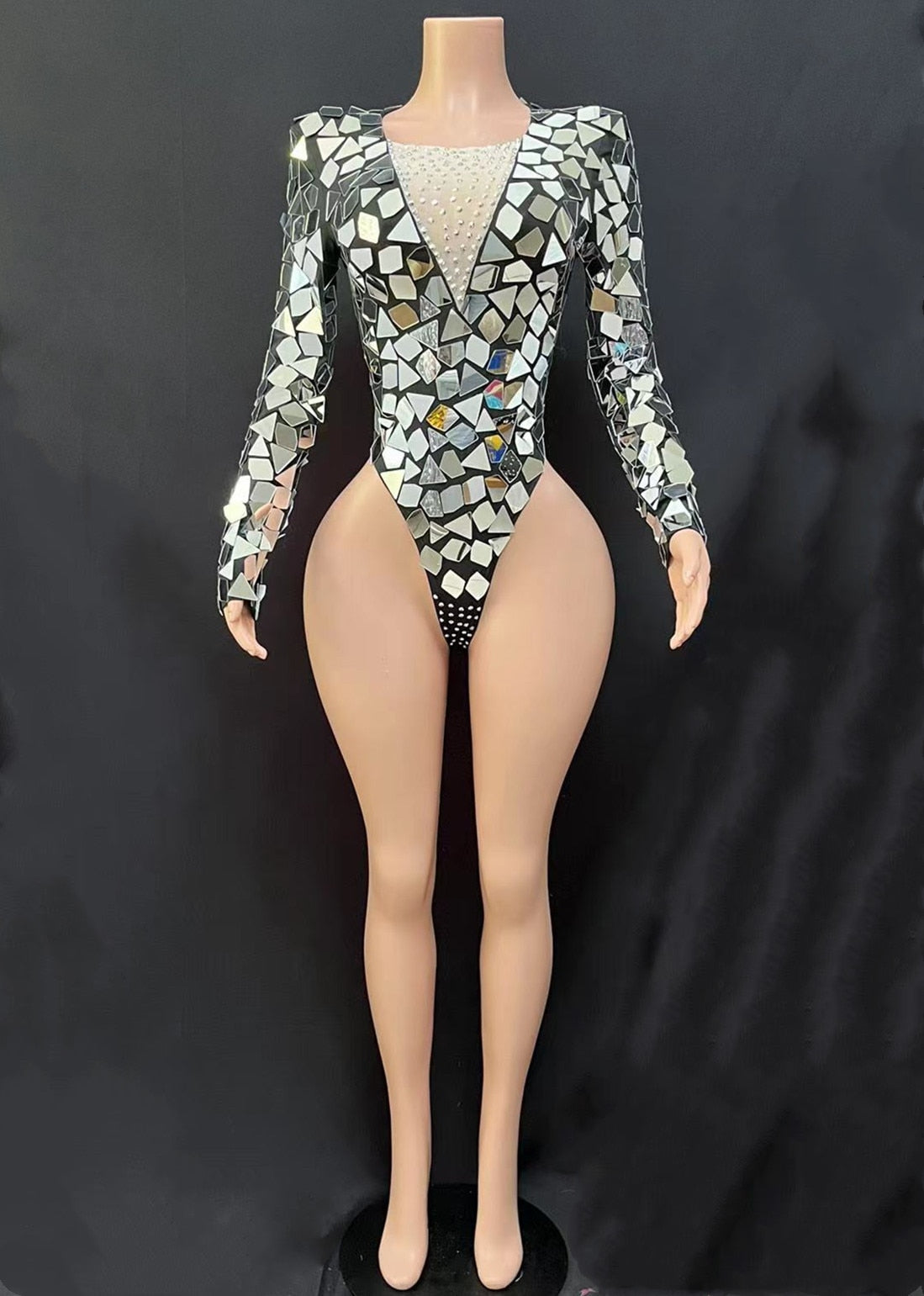 Black High Fork Luxury Mirror Coat Super Flash Stage Dress Bar Singer Ball Dance Team Dress - GOLDEN TOUCH APPARELS WOMEN