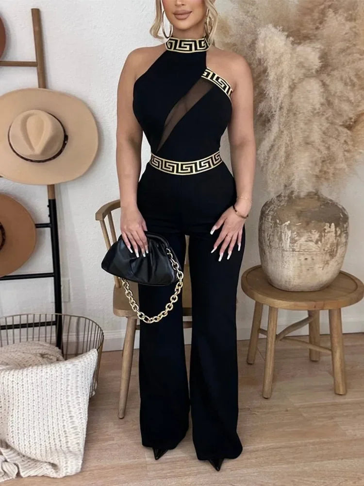 Geo Tape Patch Sheer Mesh Jumpsuit - 2023 New Fashion One-Piece Casual Sets for Women Tracksuits