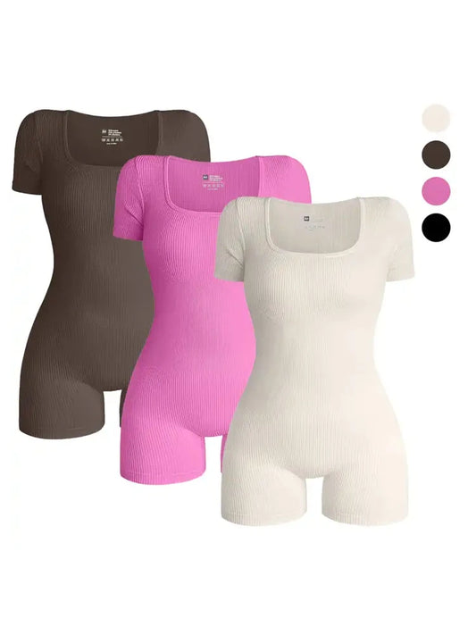 Women's Gym Wear Bodysuit - Short Sleeves, Square Neck, Ribbed Jumpsuit for Yoga and Workouts