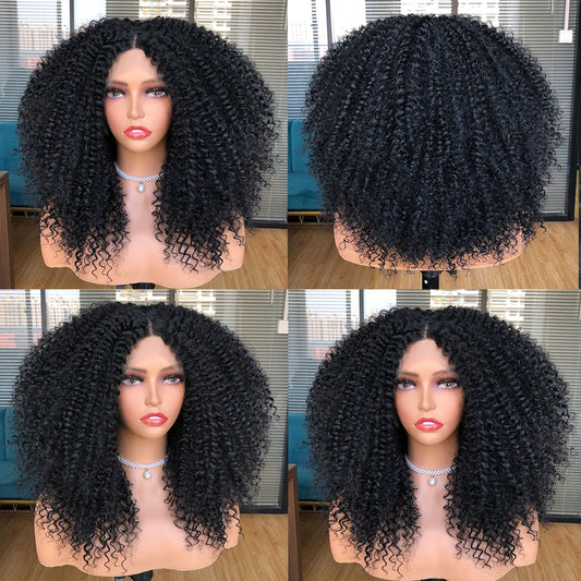 Afro Kinky Curly Short Bob Lace Front Wig - Ombre Brown Synthetic Hair for Women with Middle Part and Clip