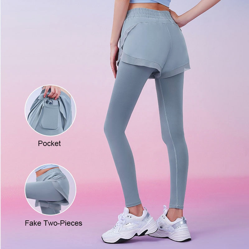 Aiithuug Women 2 In 1 Running Leggings with Pocket Wide Elastic Waistband Workout Capris Yoga Running Biker Gym Sports Pants - GOLDEN TOUCH APPARELS WOMEN