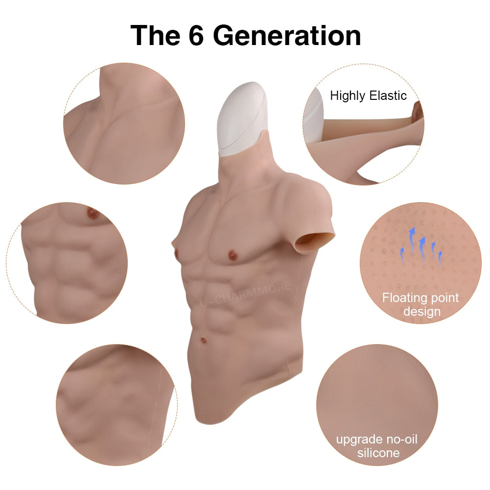 U-Charmmore Oil-Free Silicone Muscle Suit Fake Belly Body For Cosplayers Bodybuilding Chest Man Crossdresser Cosplay.