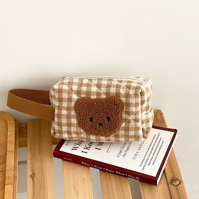 Cute Bear Khaki Makeup Bag Large Capacity Portable Cosmetic Bags Zipper Pure Cotton Plaid Brushes Pouch Case For Women Girls.