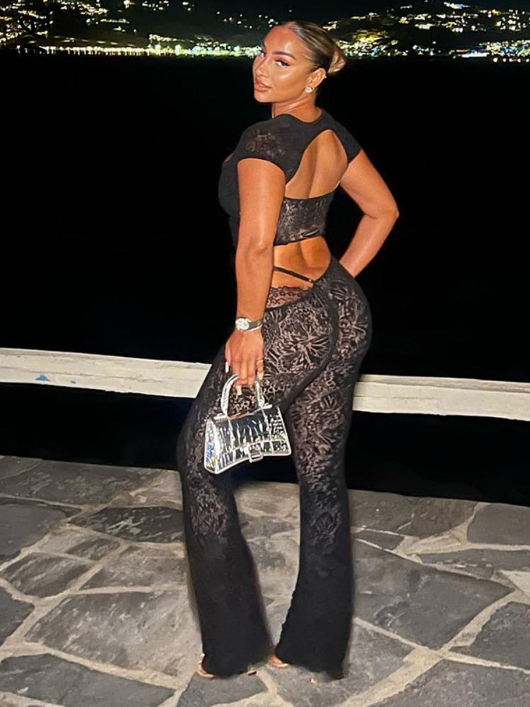 BOOFEENAA Sexy Cutout 2 Piece Sets Black Lace Flare Pant Suit Clubwear Rave Festival Outfit Women Fall Clothing 2023 C66-HC40 - GOLDEN TOUCH APPARELS WOMEN
