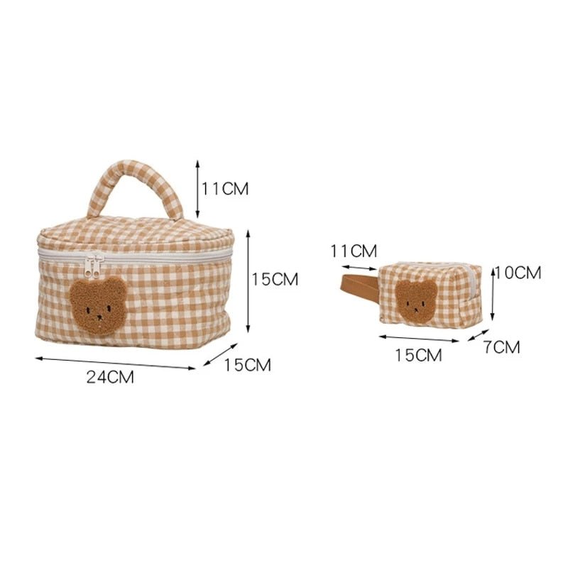 Cute Bear Khaki Makeup Bag Large Capacity Portable Cosmetic Bags Zipper Pure Cotton Plaid Brushes Pouch Case For Women Girls.