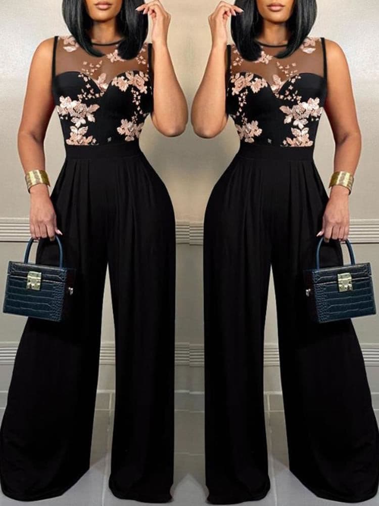 Chic Summer Women Mesh Elegant Wide Leg Jump Suit Loose Bodysuits Overalls Full Body Jumpsuit Trousers Evening Jumpsuits Clothes.