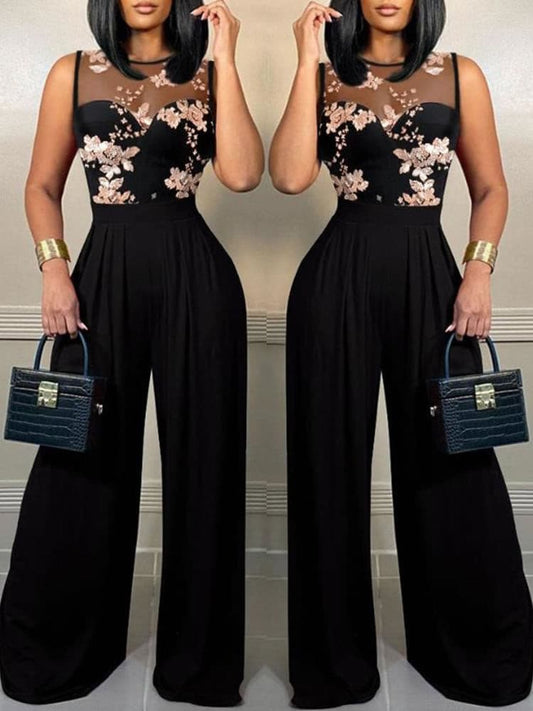Chic Summer Women Mesh Elegant Wide Leg Jump Suit Loose Bodysuits Overalls Full Body Jumpsuit Trousers Evening Jumpsuits Clothes.