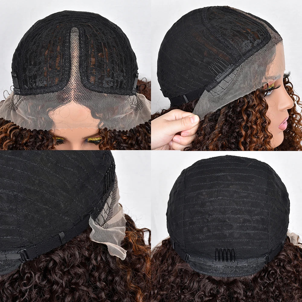 Afro Kinky Curly Short Bob Lace Front Wig - Ombre Brown Synthetic Hair for Women with Middle Part and Clip