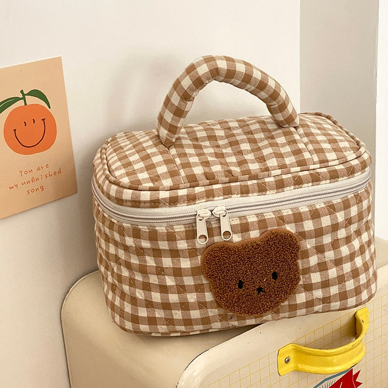 Cute Bear Khaki Makeup Bag Large Capacity Portable Cosmetic Bags Zipper Pure Cotton Plaid Brushes Pouch Case For Women Girls.