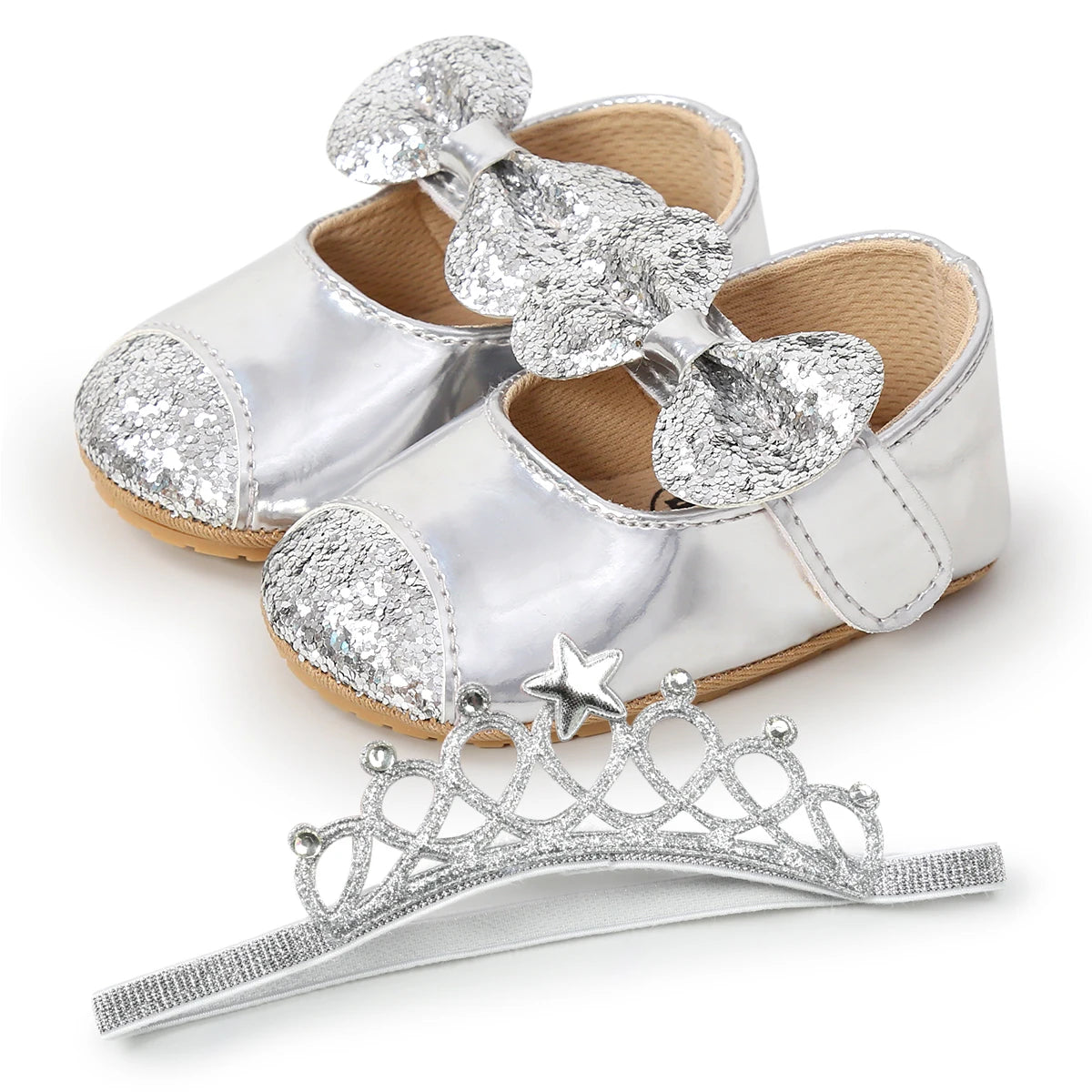 Baby Girl Mary Jane Flats with Headband - Soft Sole Baby Moccasin Floral Shiny Toddler Princess Dress Shoes
