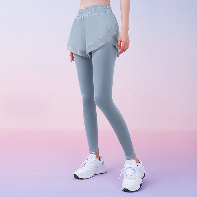 Aiithuug Women 2 In 1 Running Leggings with Pocket Wide Elastic Waistband Workout Capris Yoga Running Biker Gym Sports Pants - GOLDEN TOUCH APPARELS WOMEN