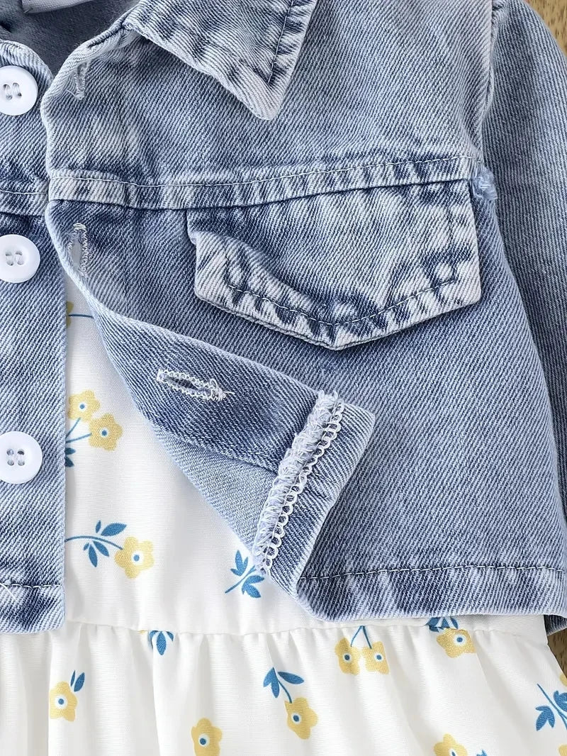 Baby Girl Casual Denim Jacket Blue Flower Pattern 2-Piece Set