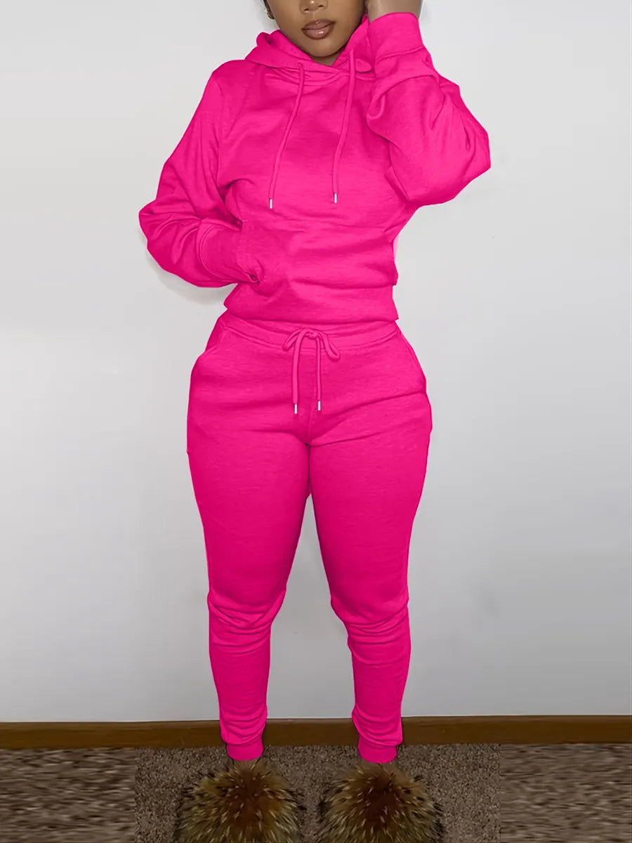 "Women's Lace-Up Hooded Tracksuit with Kangaroo Pocket and Drawstring - Sporty Two-Piece Workout Suit"