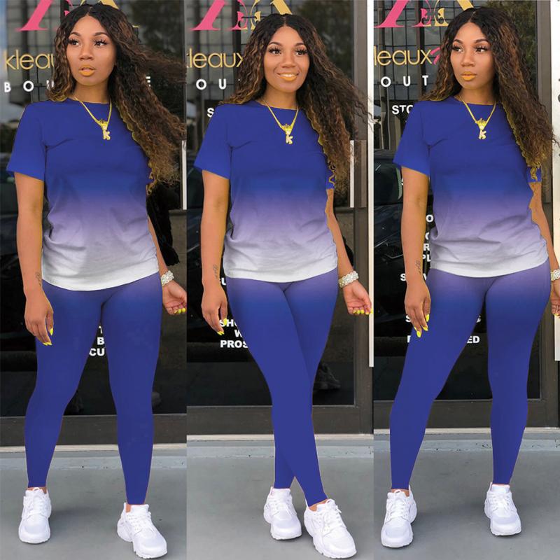 Women Outfit Two Piece Gradient Color Set Leisure Short Sleeve+Pant Suits Tracksuit Female Spring Summer Clothes Sports Outfits.