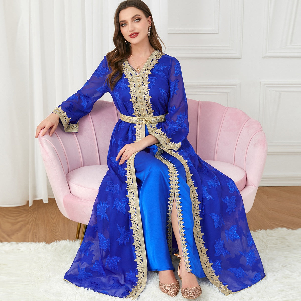 Muslim Abayas For Women V-neck long-sleeved 2 piece chiffon dress.