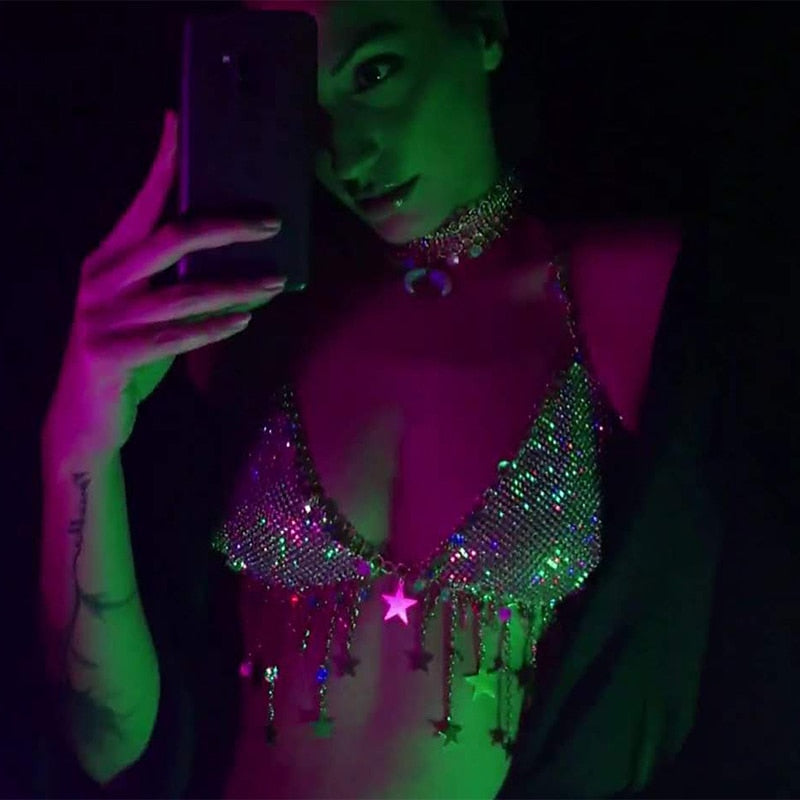 Glitter Rhinestone Star Tassel Tank Top For Women Sexy Backless V Neck Halter Camisole Rave Festival Party Club Crop Tops.