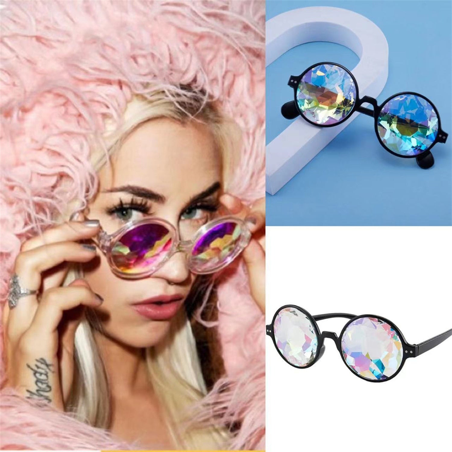 Kaleidoscope Glasses Women Retro Rave Festival Round Sunglasses Men Nail Holographic Mosaic Prism Sun glasses Party Cosplay Cute.