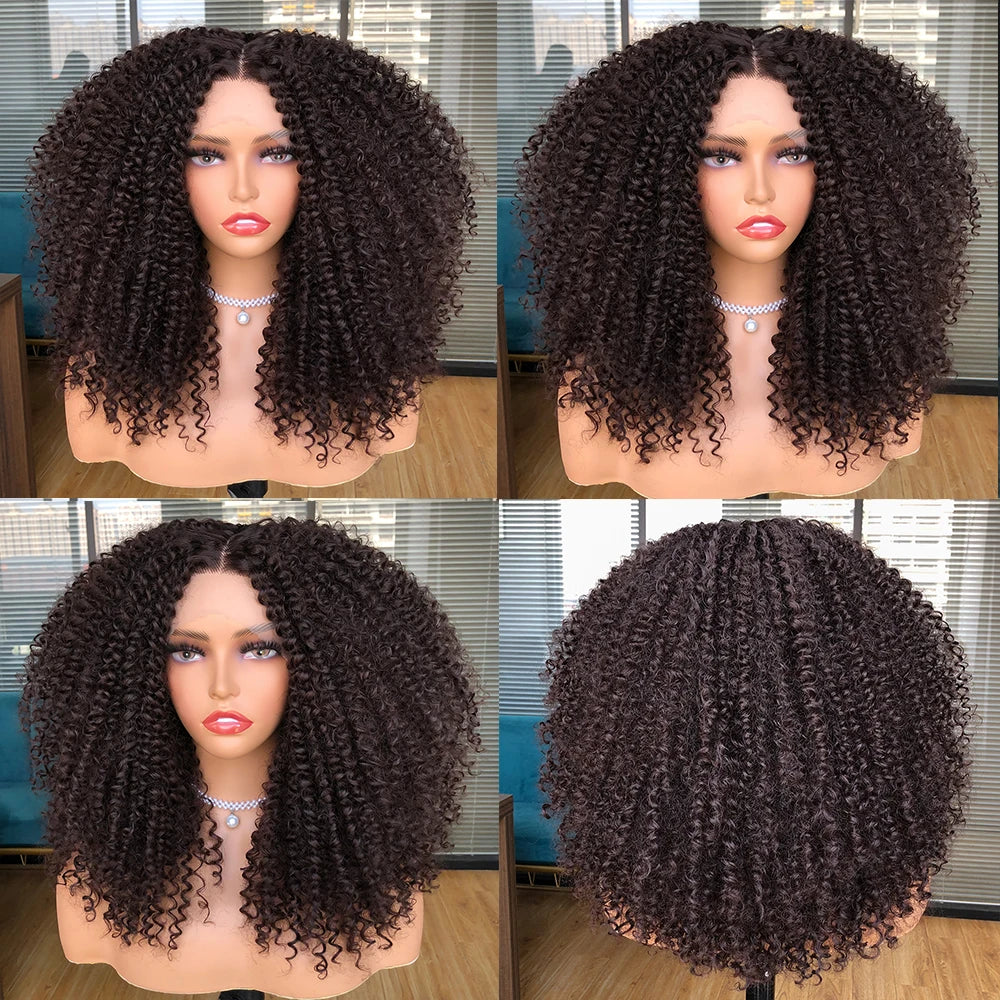 Afro Kinky Curly Short Bob Lace Front Wig - Ombre Brown Synthetic Hair for Women with Middle Part and Clip