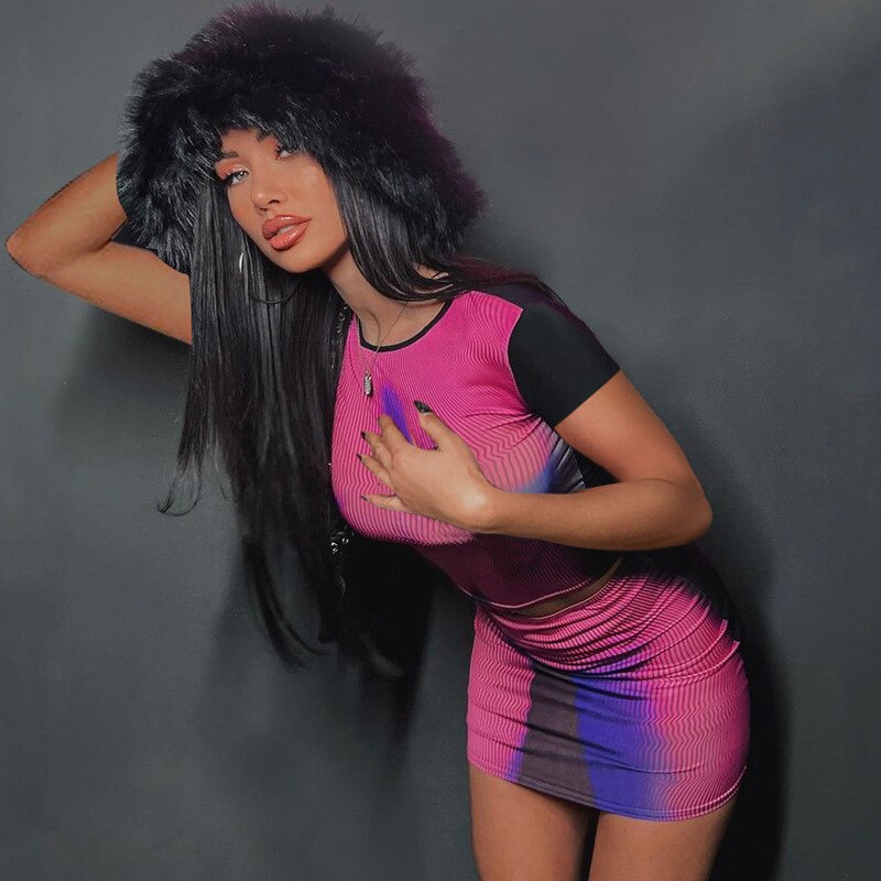 Striped Crop Top And Skirt Set Y2K 2023 Summer 2 Piece Outfit Sexy Rave Night Club Outfit Tie Dye Print Matching Sets.