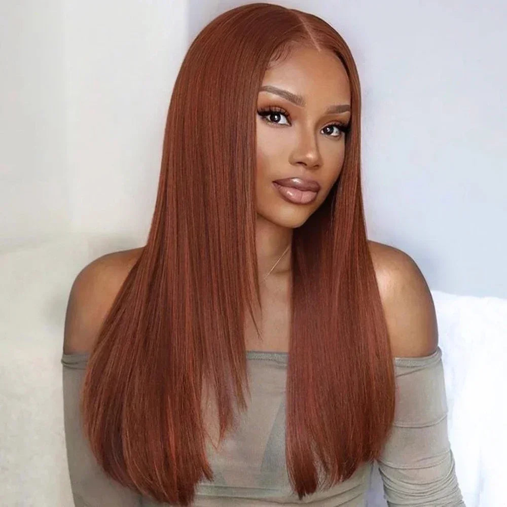 Copper Red Layered Synthetic Lace Wig - Burgundy Straight Cut, Glueless, for Black Women