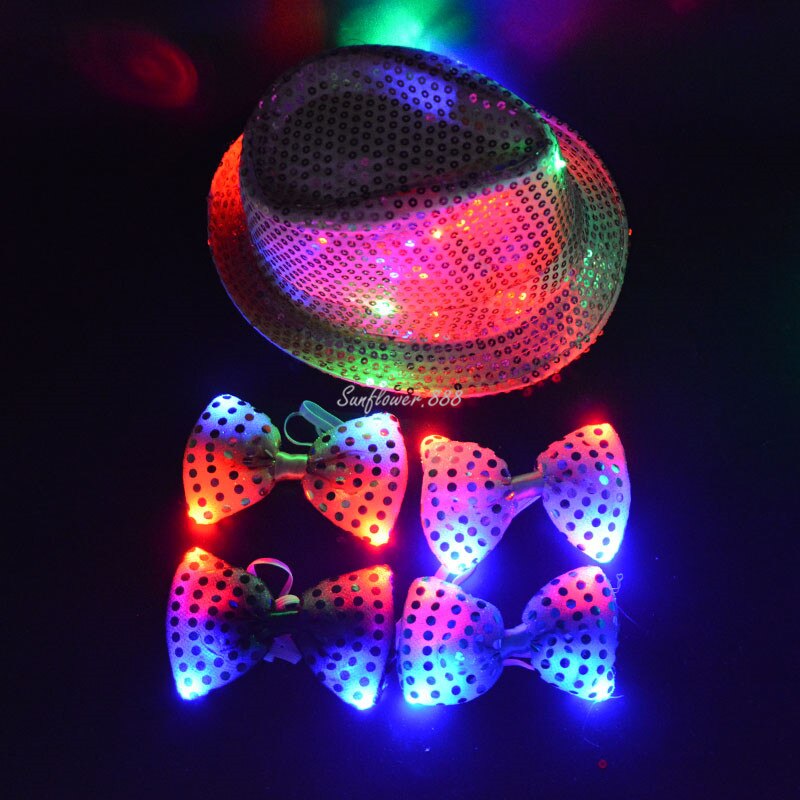 Woman Men LED Light  Sequin Jazz Hat Cap Bow  Tie Glasses Glow Rave Party Bar Parade  Costume  Wedding  Carnival - GOLDEN TOUCH APPARELS WOMEN