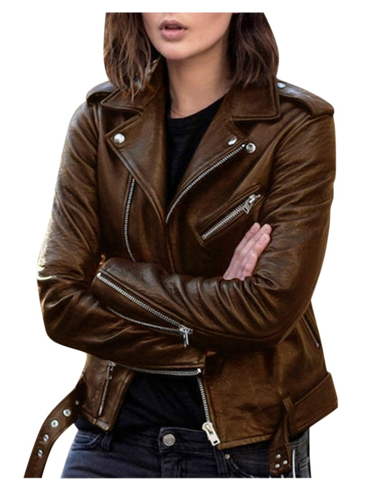 Leather jacket, women's jacket, autumn short spring, Korean version of PU motorcycle suit, slim and slim winter jacket - GOLDEN TOUCH APPARELS WOMEN