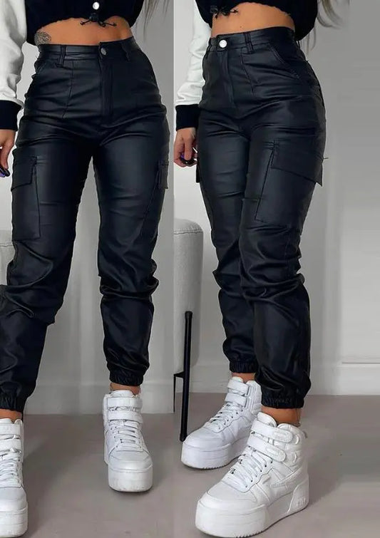 Women's High Waist Long Pu Leather Cargo Cuffed Trend Design 2023
