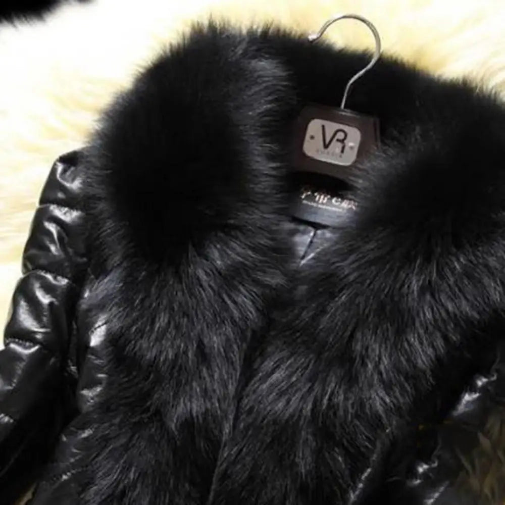 Faux Fur Collar Leather Fleece Lining and Faux Rabbit Fur Trim - Winter Luxury Jacket